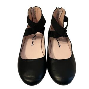 Nina Marissa Black Vegan Leather Ballet Flat With Elastic Straps Size 1M